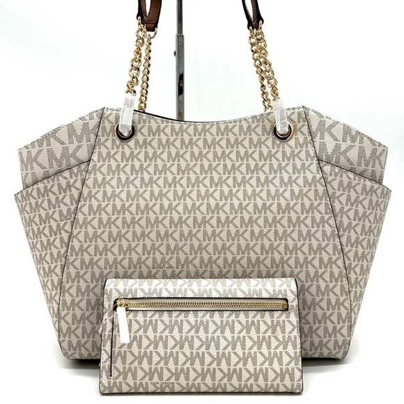 Michael Kors Large Jet Set Travel Chain Shoulder Bag & Trifold Wallet Vanilla - Picture 5 of 14